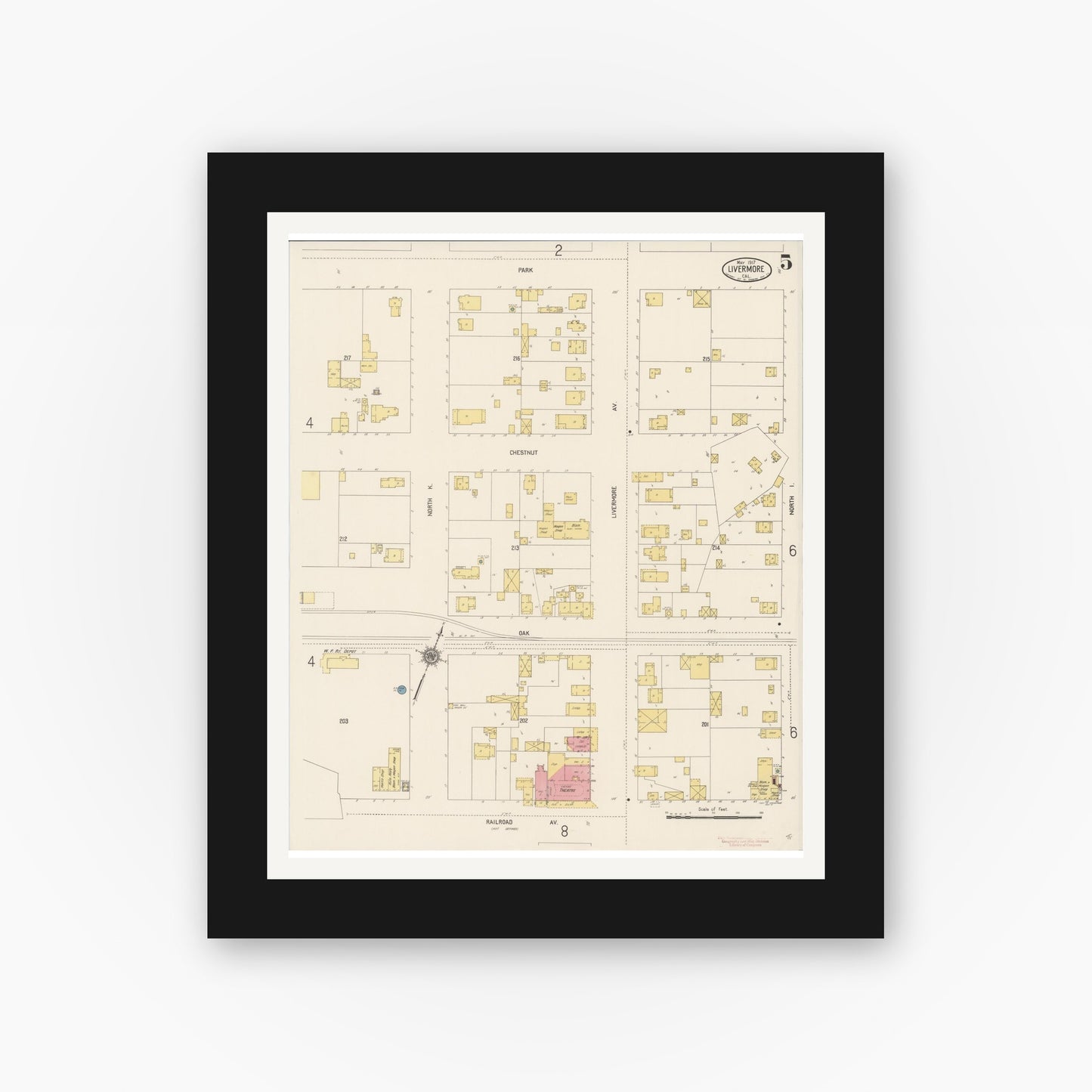 Old map wall art mockup — black gallery frame with white mat — Sanborn Fire Insurance Map from Livermore, Alameda County, California (1917), Sheet #0005