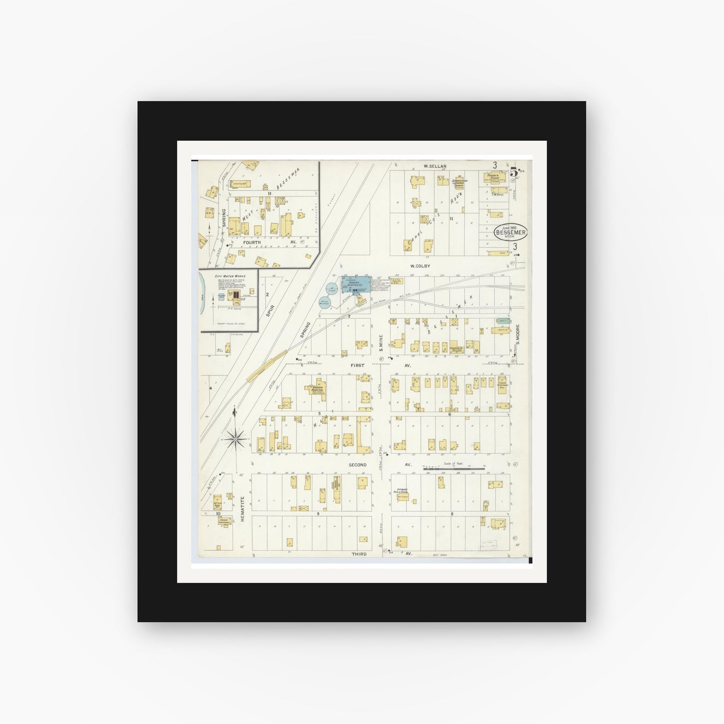Old map wall art mockup — black gallery frame with white mat — Sanborn Fire Insurance Map from Bessemer, Gogebic County, Michigan (1908), Sheet #0005