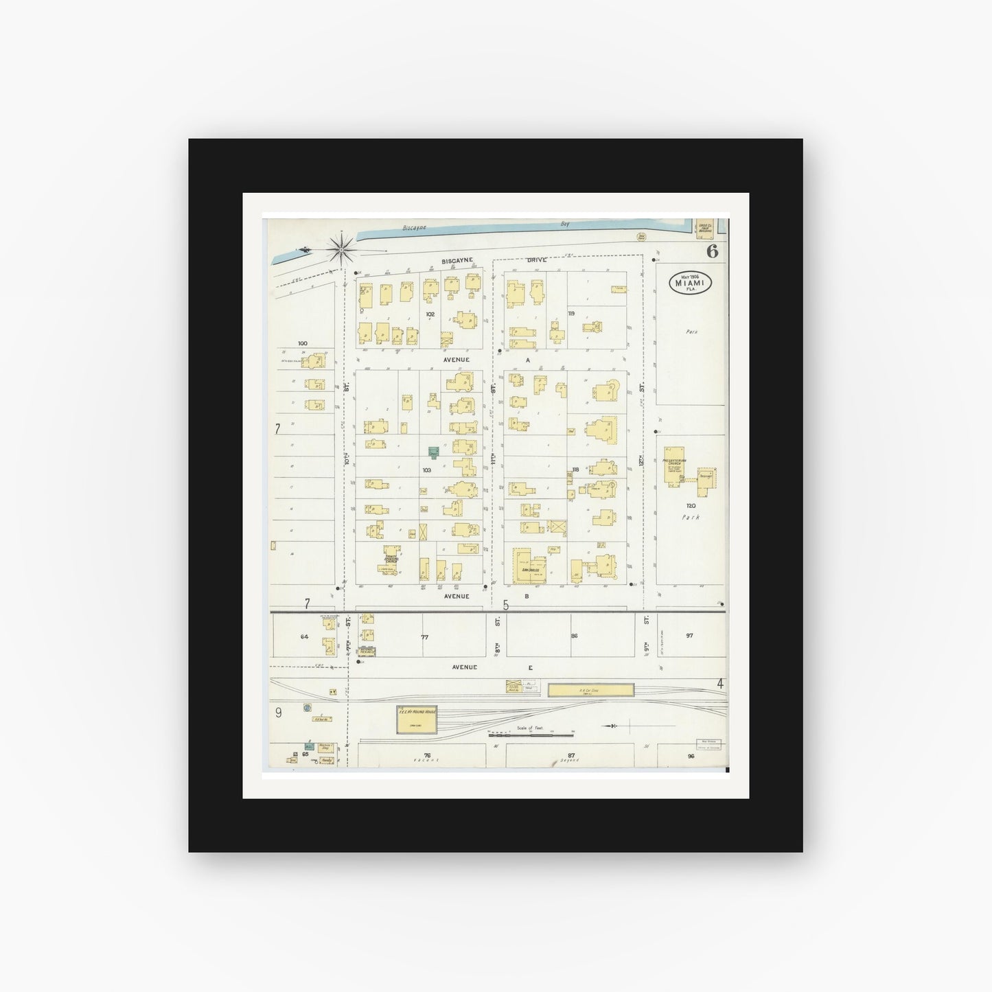 Old map wall art mockup — black gallery frame with white mat — Sanborn Fire Insurance Map from Miami, Dade County, Florida (1906), Sheet #0006