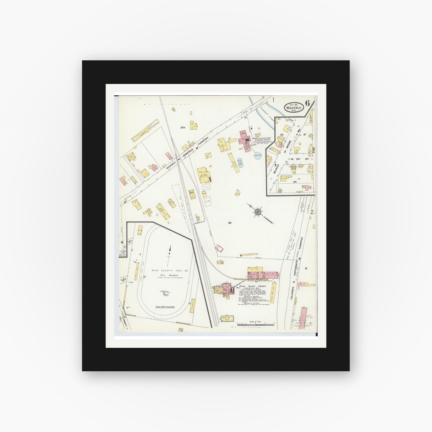 Old map wall art mockup — black gallery frame with white mat — Sanborn Fire Insurance Map from Waverly, Pike County, Ohio (1911), Sheet #0006