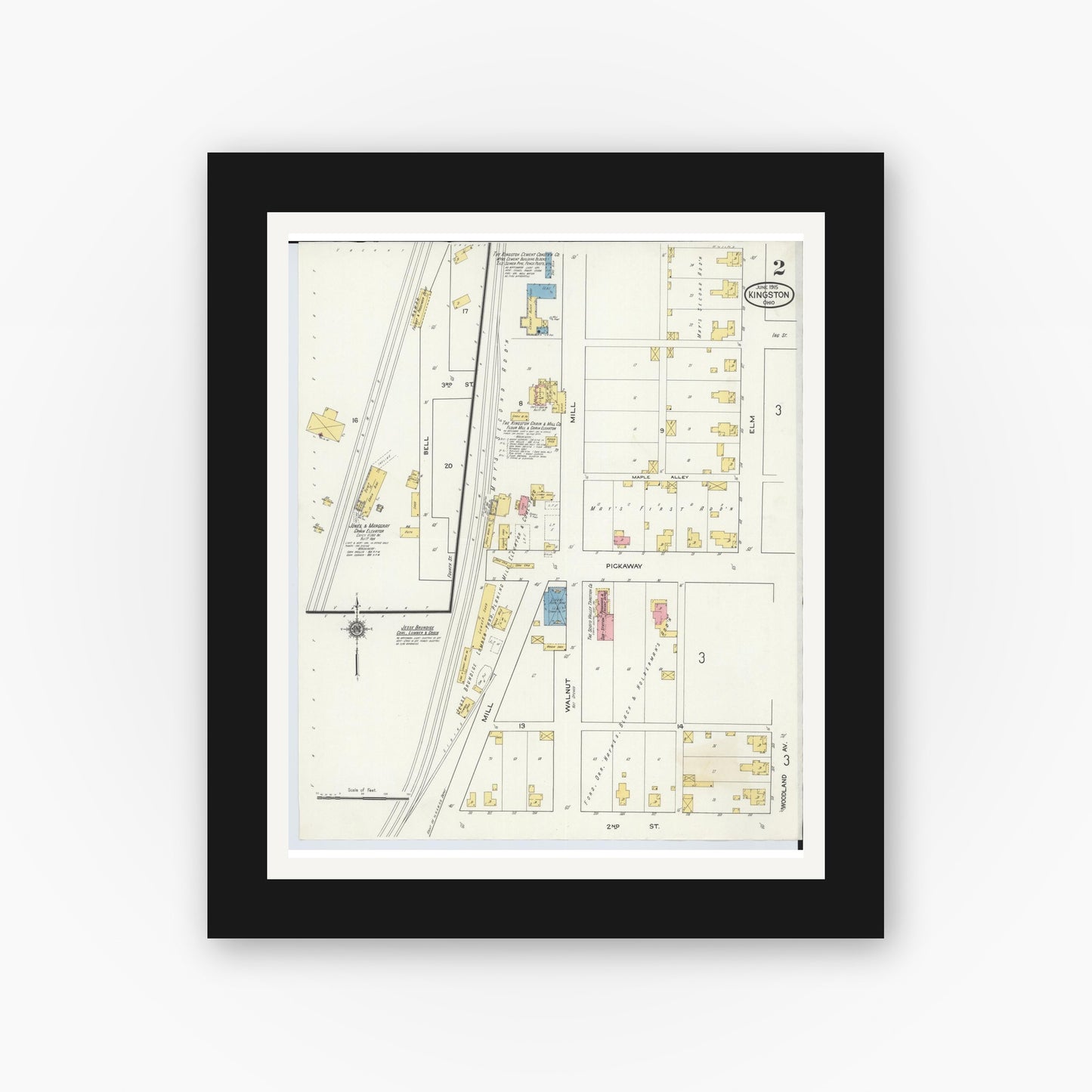 Old map wall art mockup — black gallery frame with white mat — Sanborn Fire Insurance Map from Kingston, Ross County, Ohio (1915), Sheet #0002