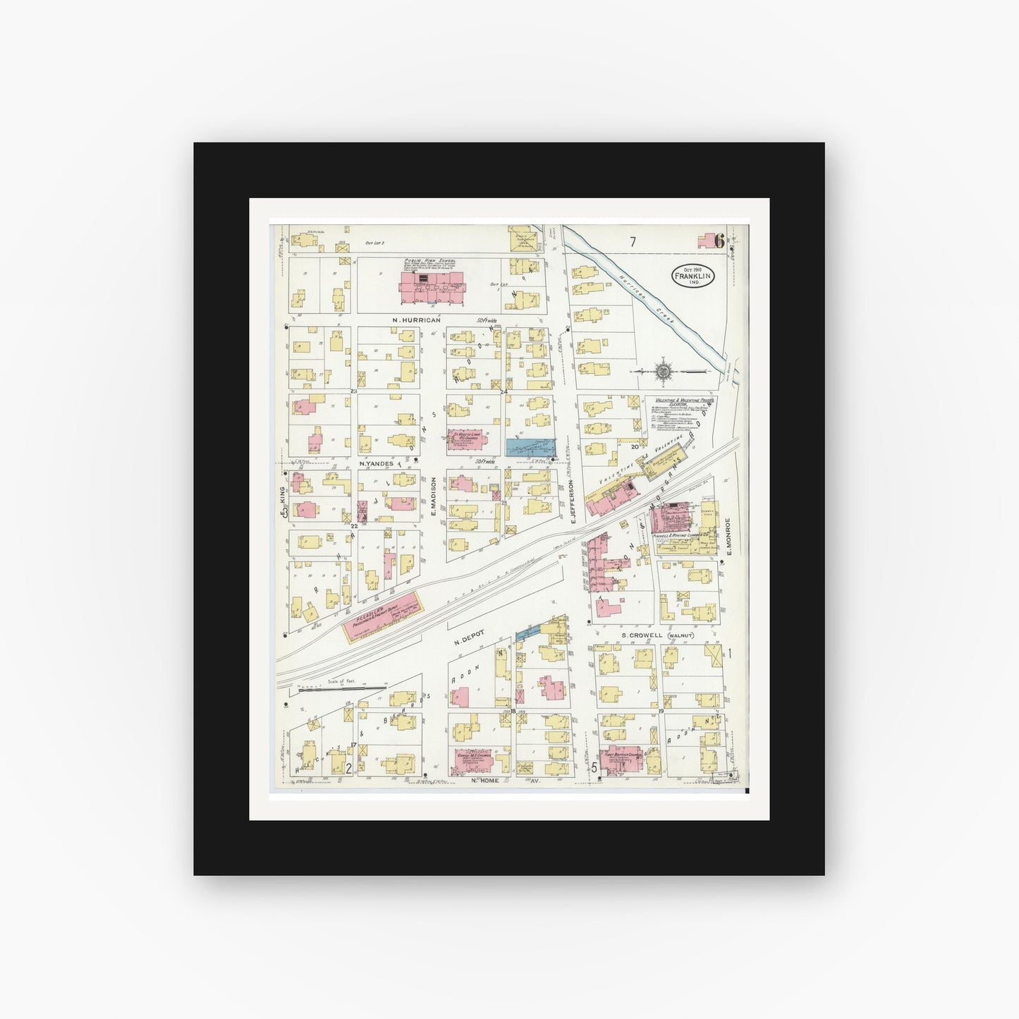 Old map wall art mockup — black gallery frame with white mat — Sanborn Fire Insurance Map from Franklin, Johnson County, Indiana (1910), Sheet #0006
