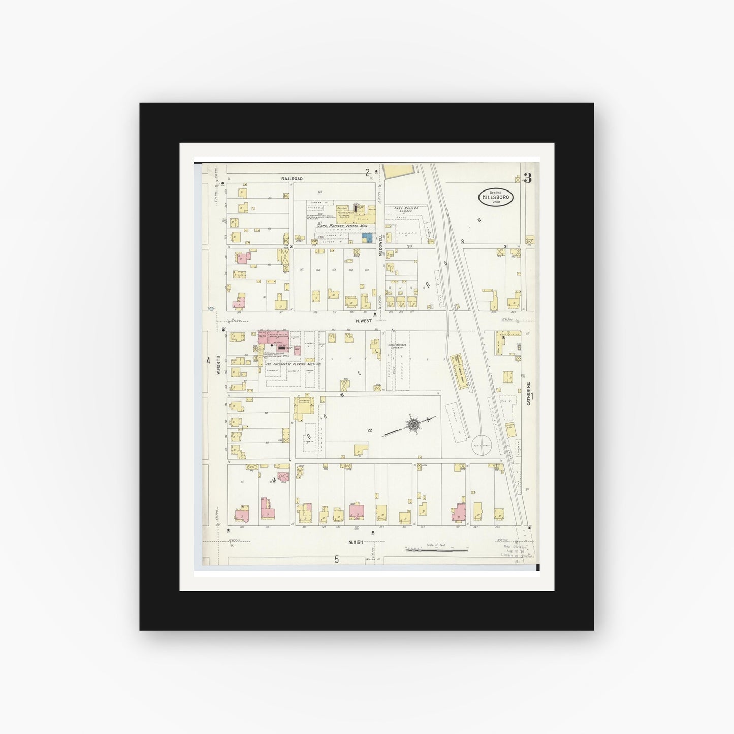 Old map wall art mockup — black gallery frame with white mat — Sanborn Fire Insurance Map from Hillsboro, Highland County, Ohio (1911), Sheet #0003