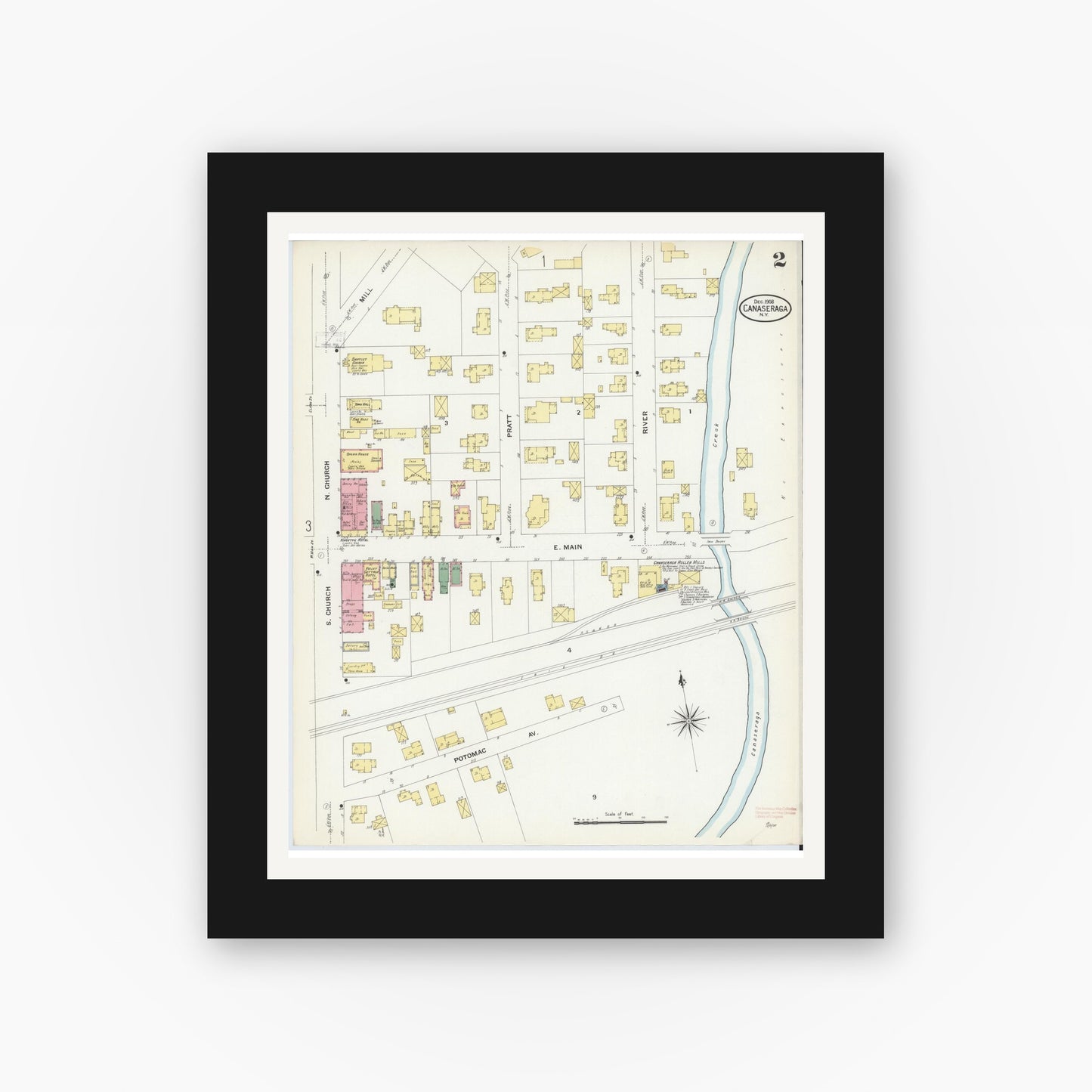 Old map wall art mockup — black gallery frame with white mat — Sanborn Fire Insurance Map from Canaseraga, Allegany County, New York (1908), Sheet #0002