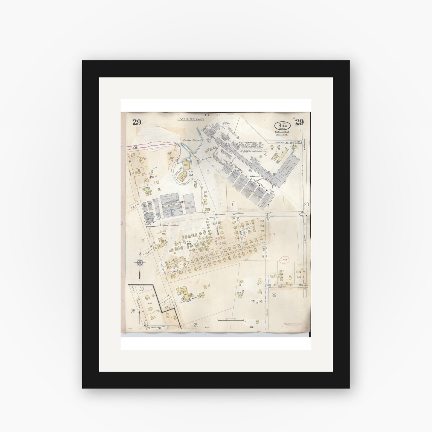 Old map wall art mockup — black gallery frame with white mat — Sanborn Fire Insurance Map from Hilo, Hawaii County, Hawaii (1957), Sheet #0029