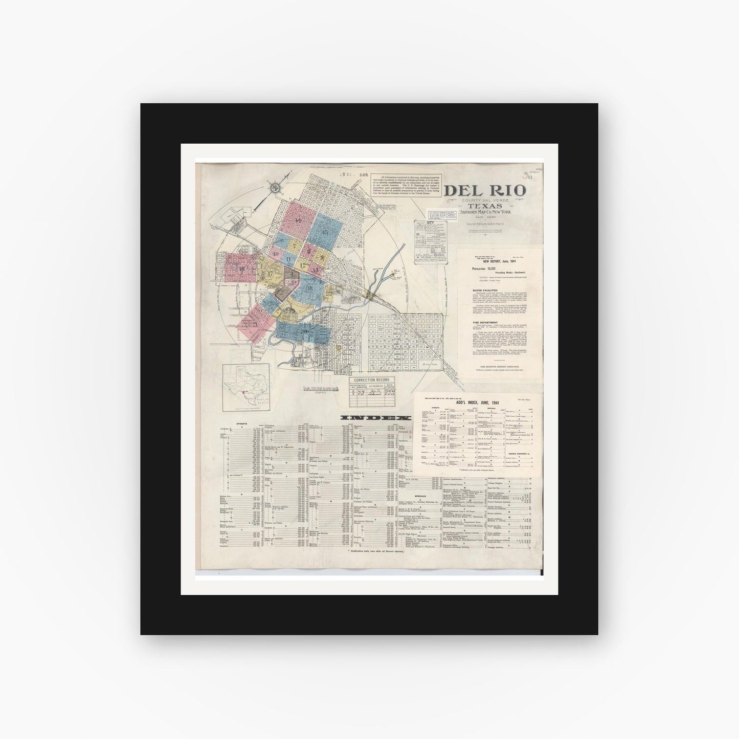 Old map wall art mockup — black gallery frame with white mat — Sanborn Fire Insurance Map from Del Rio, Val Verde County, Texas (1948), Sheet #0001