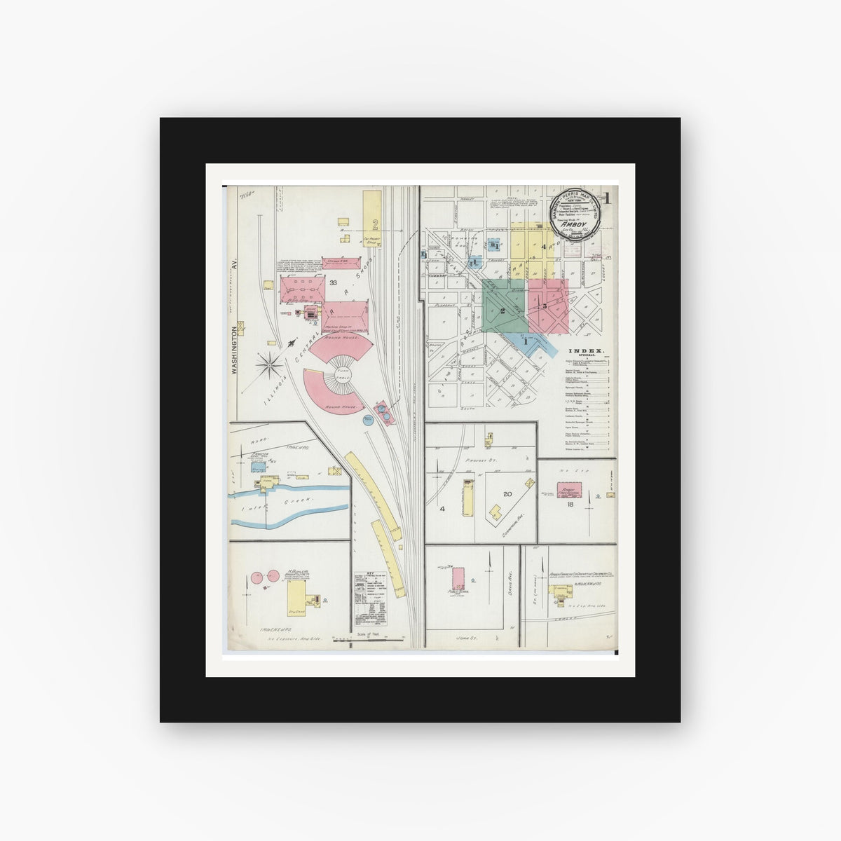 Old map wall art mockup — black gallery frame with white mat — Sanborn Fire Insurance Map from Amboy, Lee County, Illinois (1892) - Complete Map Set