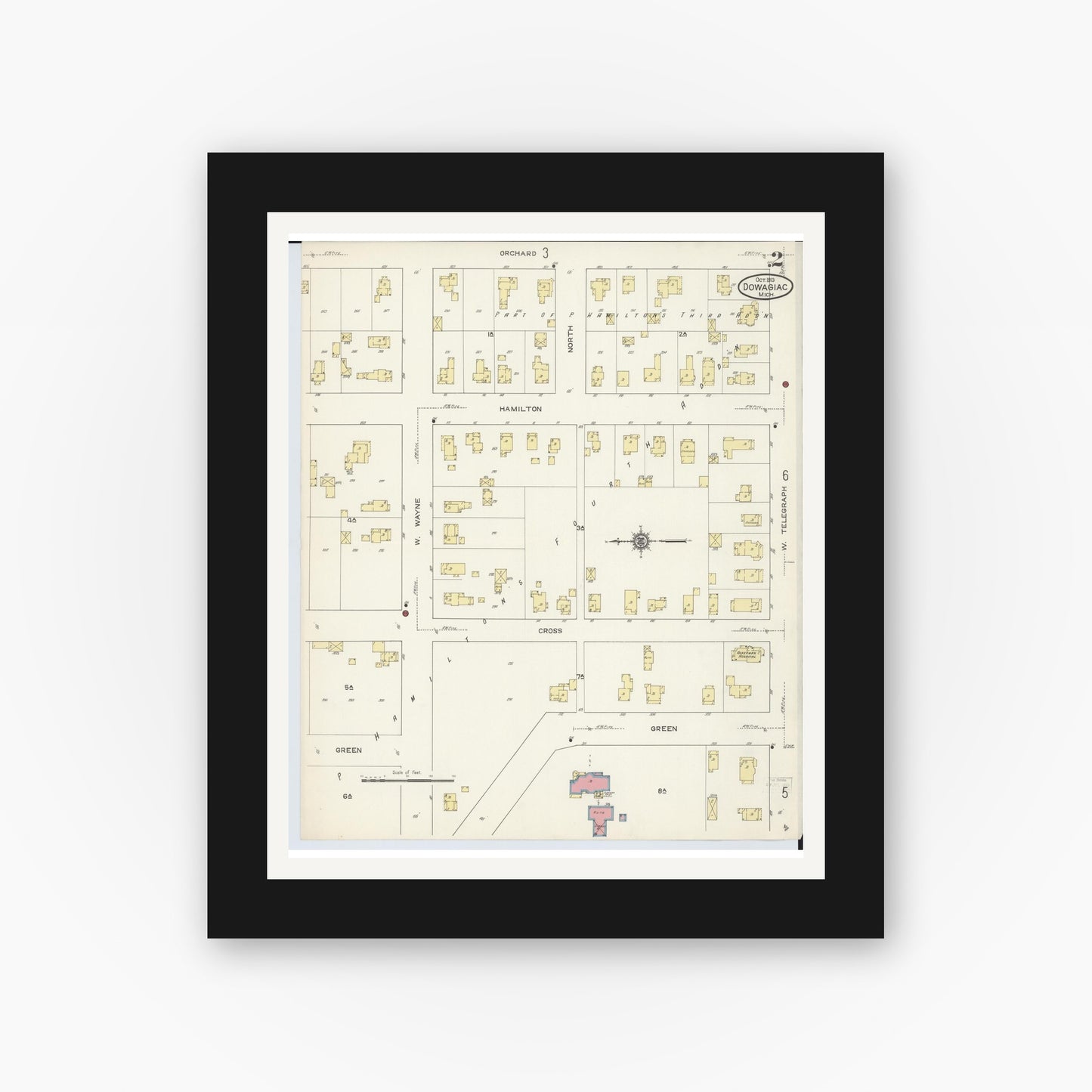 Old map wall art mockup — black gallery frame with white mat — Sanborn Fire Insurance Map from Dowagiac, Cass County, Michigan (1913), Sheet #0002