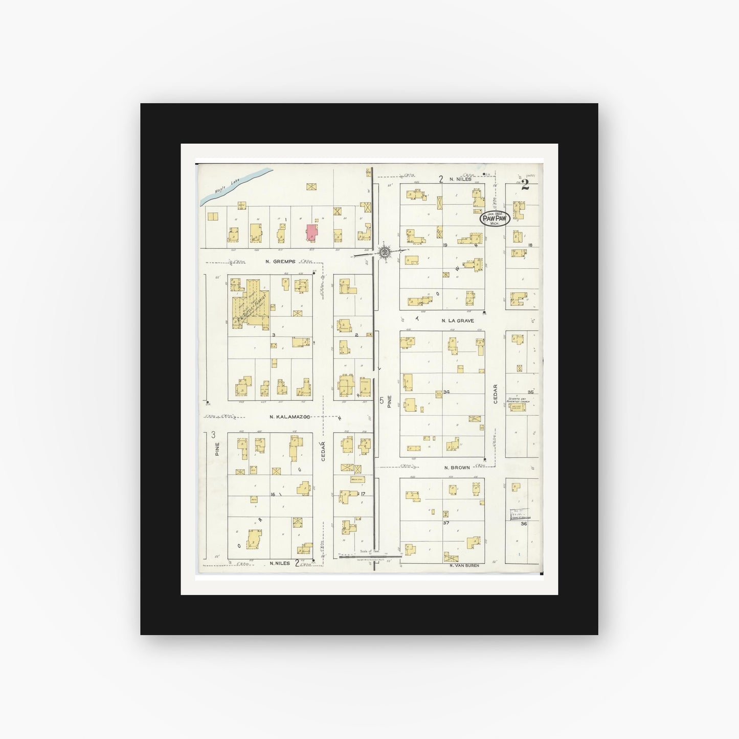 Old map wall art mockup — black gallery frame with white mat — Sanborn Fire Insurance Map from Paw Paw, Van Buren County, Michigan (1922), Sheet #0002