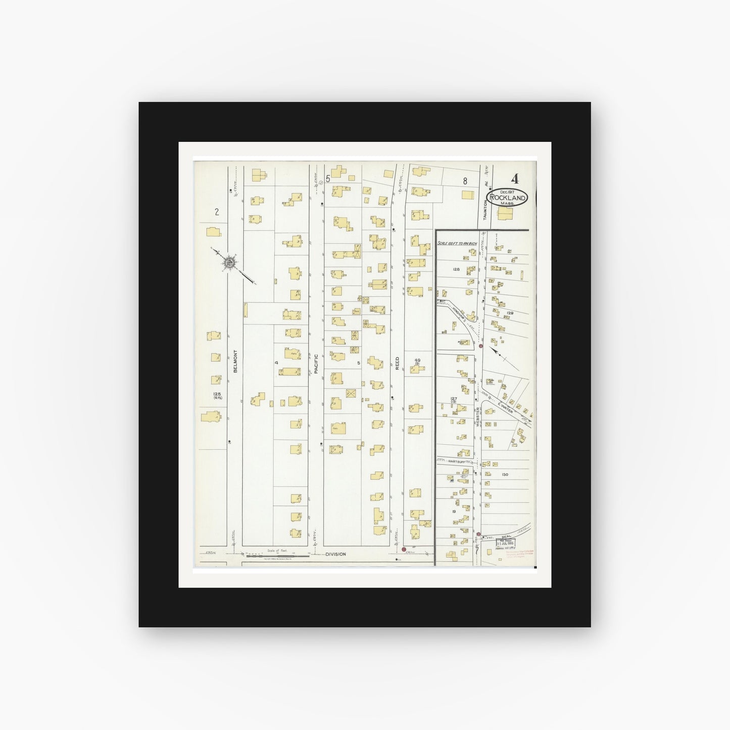 Old map wall art mockup — black gallery frame with white mat — Sanborn Fire Insurance Map from Rockland, Plymouth County, Massachusetts (1917), Sheet #0004