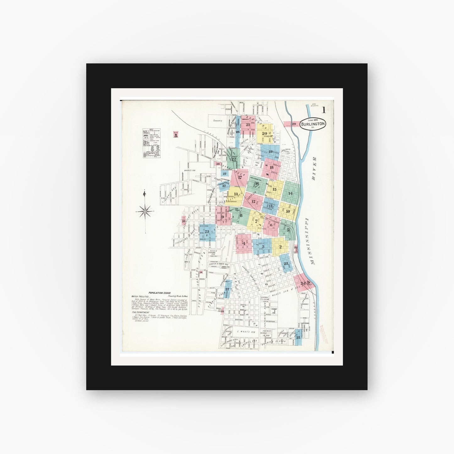 Old map wall art mockup — black gallery frame with white mat — Sanborn Fire Insurance Map from Burlington, Des Moines County, Iowa (1892) — Complete Set