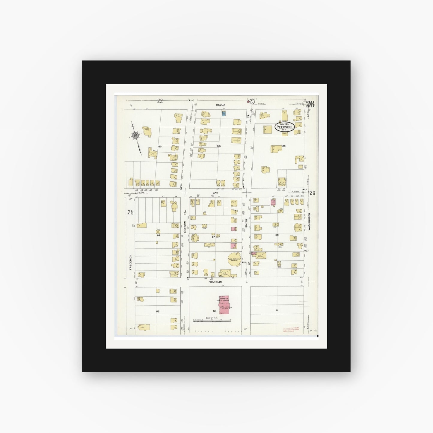Old map wall art mockup — black gallery frame with white mat — Sanborn Fire Insurance Map from Peekskill, Westchester County, New York (1911), Sheet #0026