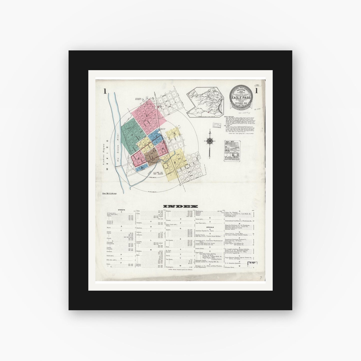 Old map wall art mockup — black gallery frame with white mat — Sanborn Fire Insurance Map from Eagle Pass, Maverick County, Texas (1924), Sheet #0001