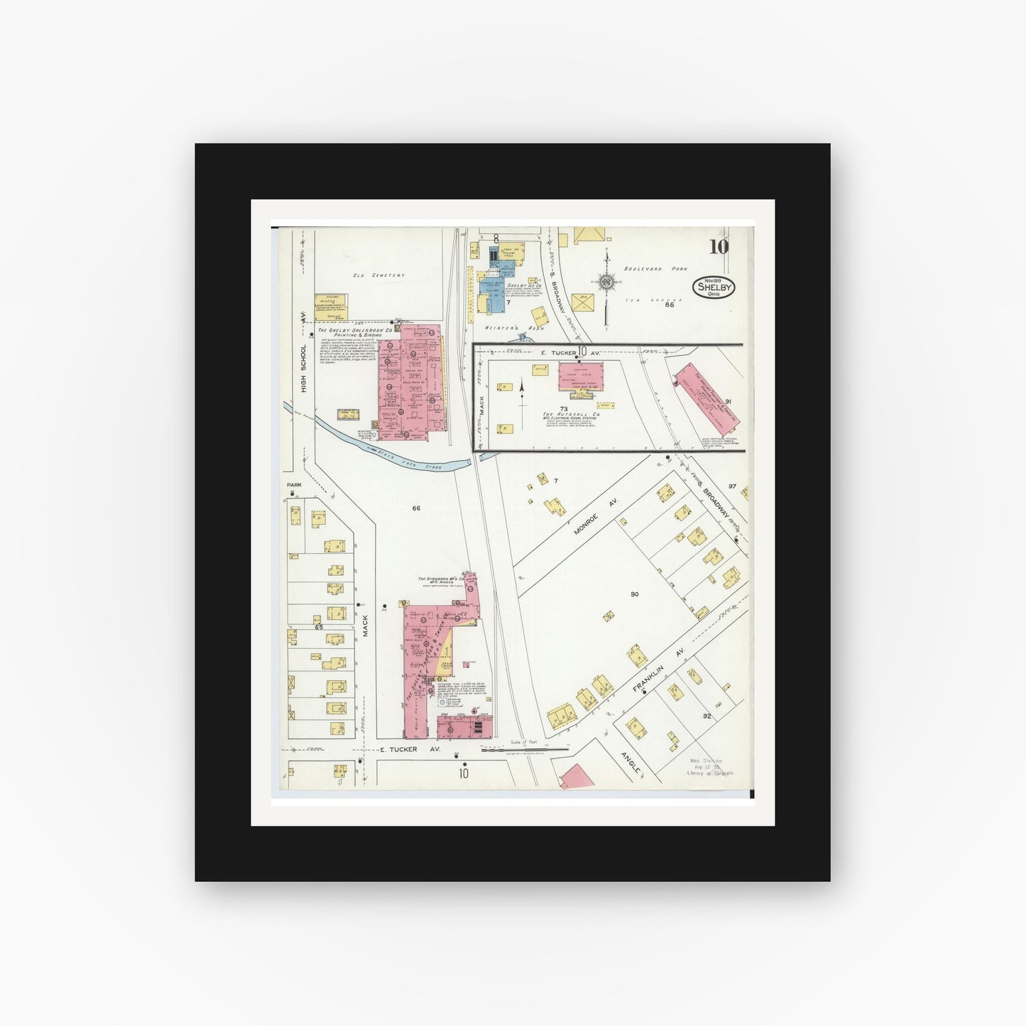 Old map wall art mockup — black gallery frame with white mat — Sanborn Fire Insurance Map from Shelby, Richland County, Ohio (1919), Sheet #0010