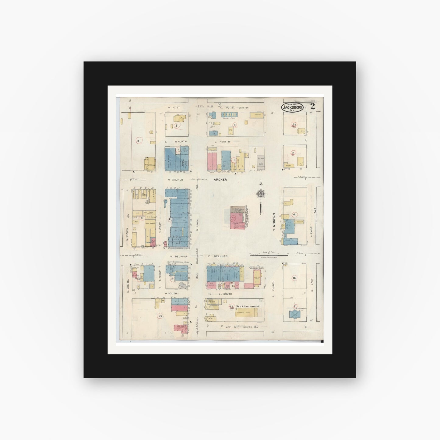 Old map wall art mockup — black gallery frame with white mat — Sanborn Fire Insurance Map from Jacksboro, Jack County, Texas (1942), Sheet #0002