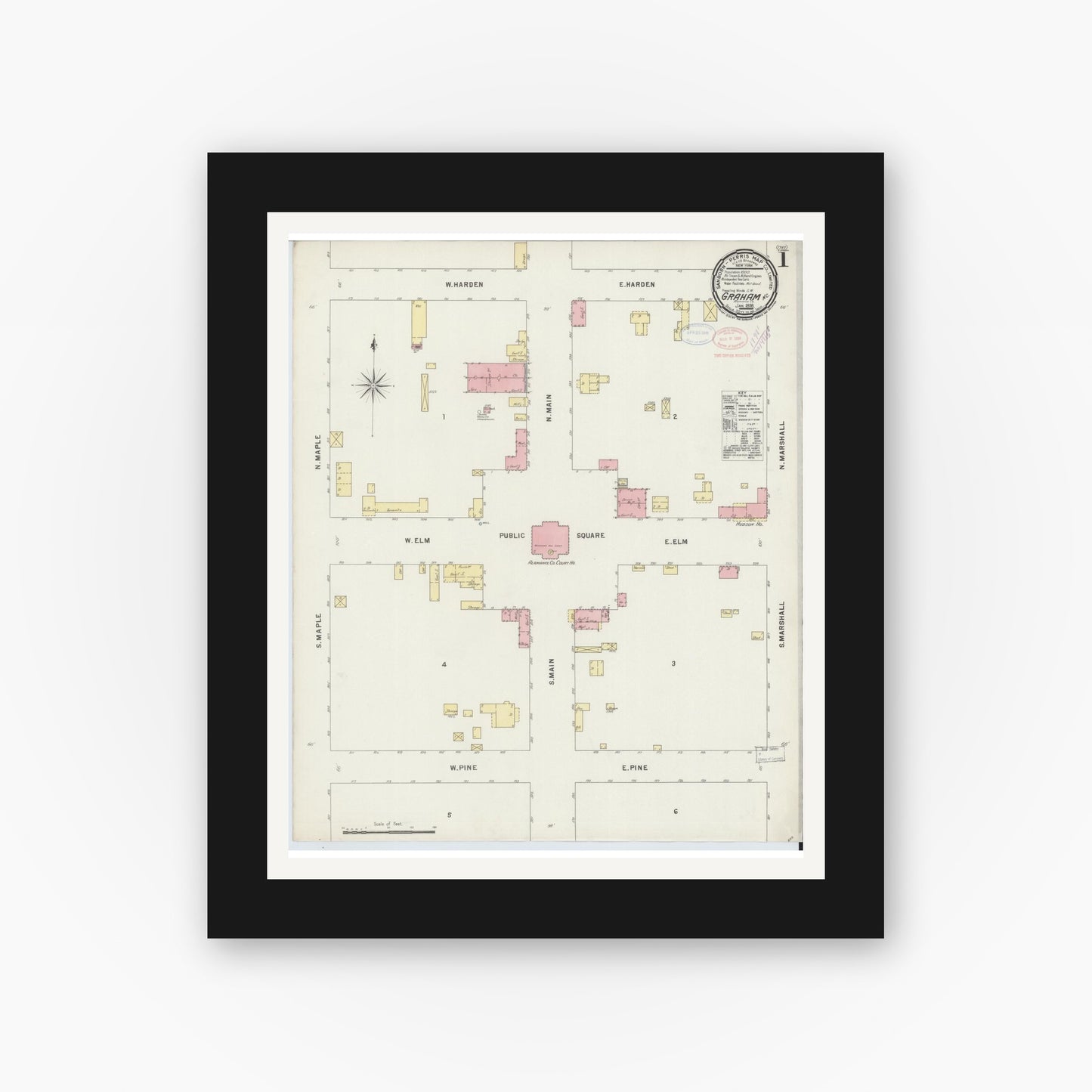 Old map wall art mockup — black gallery frame with white mat — Sanborn Fire Insurance Map from Graham, Alamance County, North Carolina (1898) - Complete Map Set