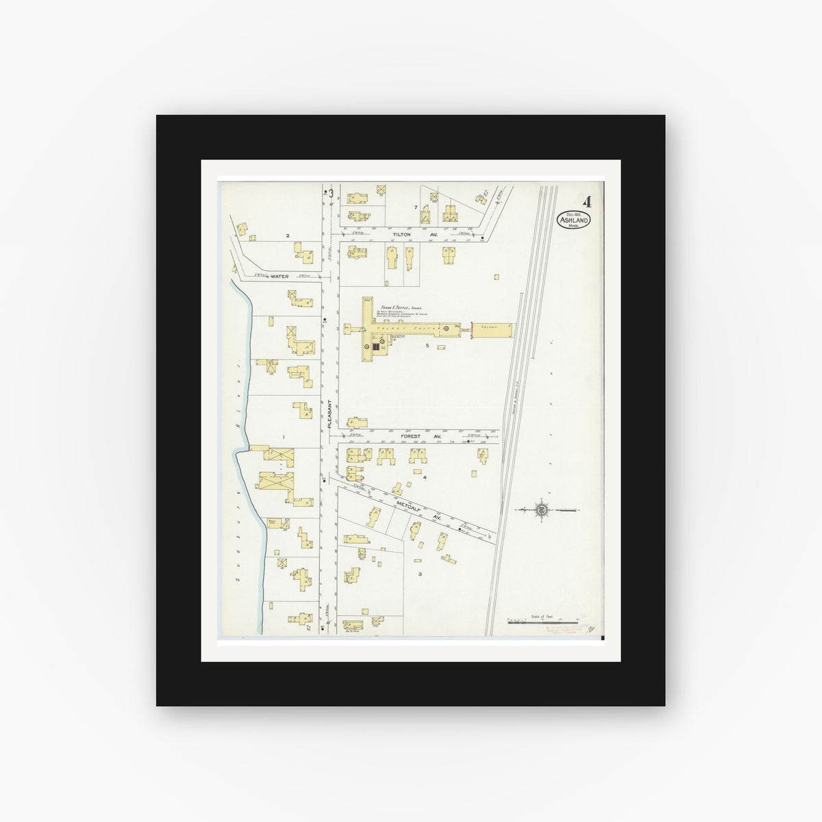 Old map wall art mockup — black gallery frame with white mat — Sanborn Fire Insurance Map from Ashland, Middlesex County, Massachusetts (1912), Sheet #0004