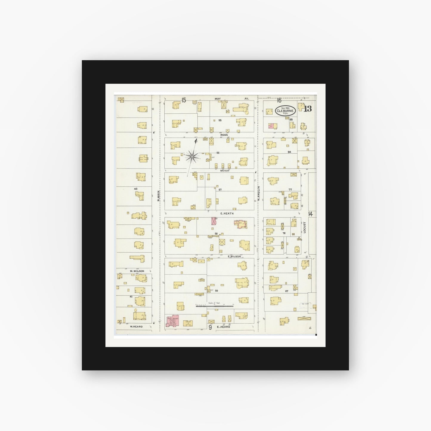 Old map wall art mockup — black gallery frame with white mat — Sanborn Fire Insurance Map from Cleburne, Johnson County, Texas (1904), Sheet #0013