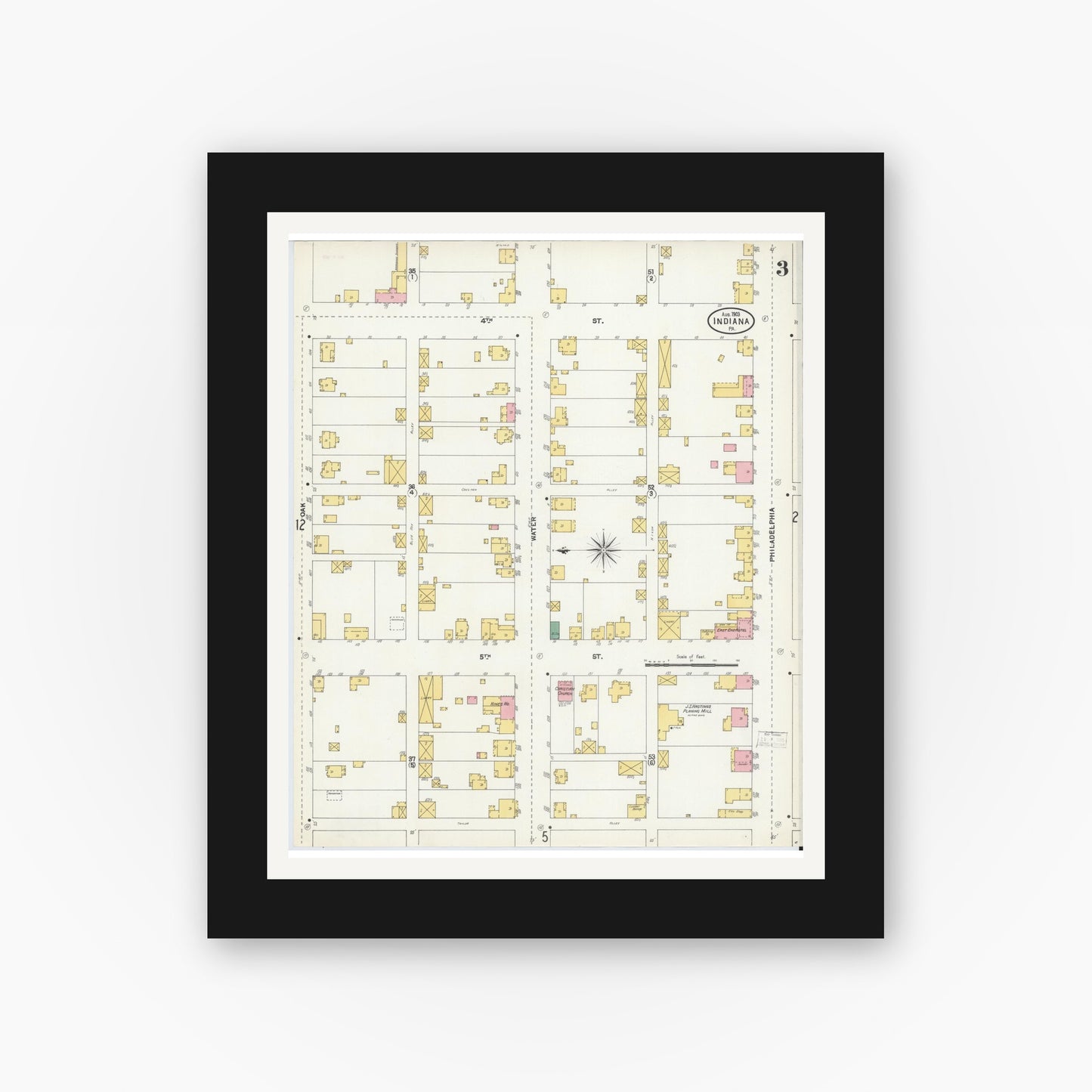Old map wall art mockup — black gallery frame with white mat — Sanborn Fire Insurance Map from Indiana, Indiana County, Pennsylvania (1903), Sheet #0003