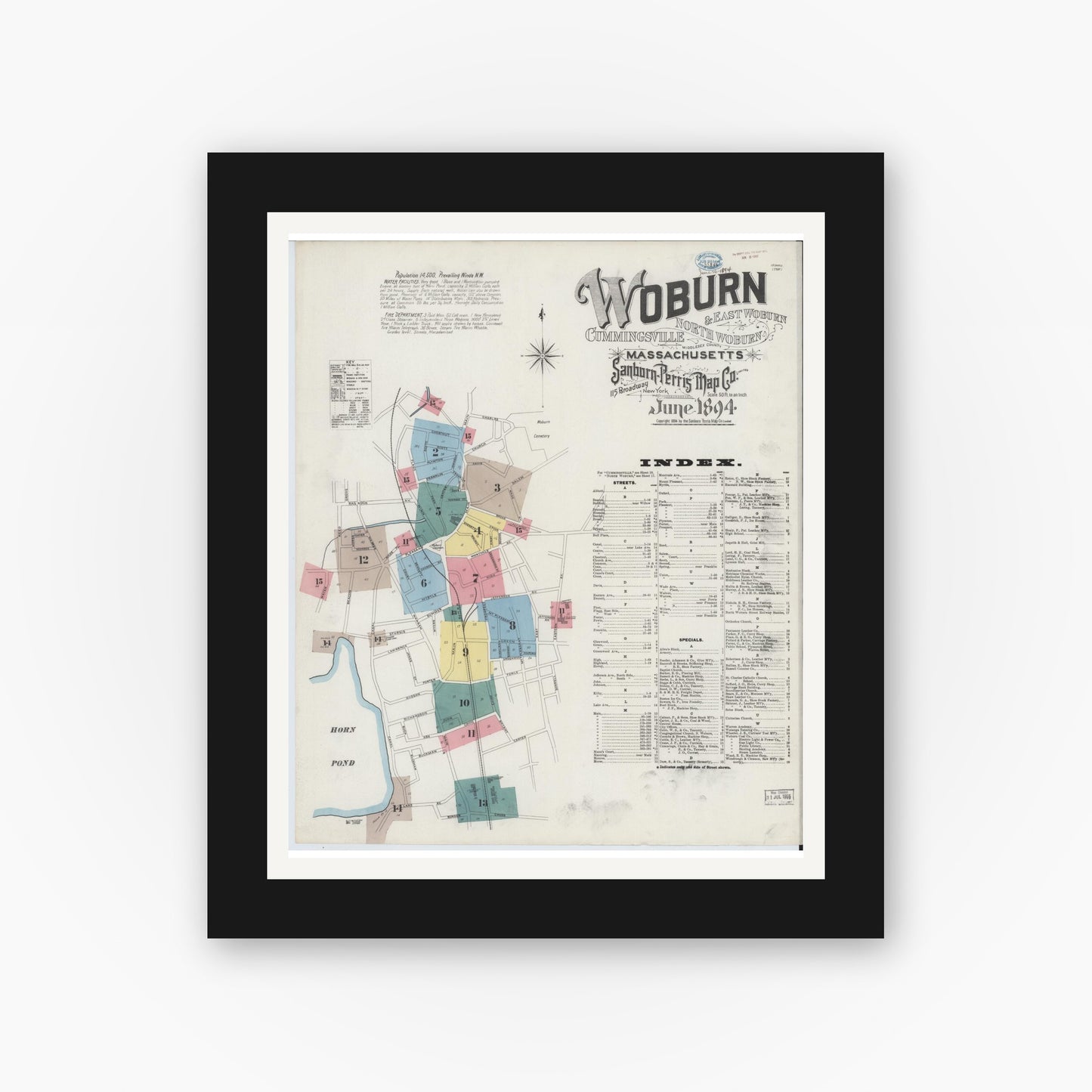 Old map wall art mockup — black gallery frame with white mat — Sanborn Fire Insurance Map from Woburn, Middlesex County, Massachusetts (1894), Sheet #0001