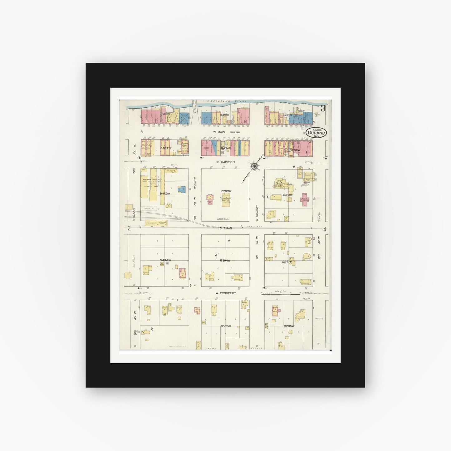 Old map wall art mockup — black gallery frame with white mat — Sanborn Fire Insurance Map from Durand, Pepin County, Wisconsin (1916), Sheet #0003