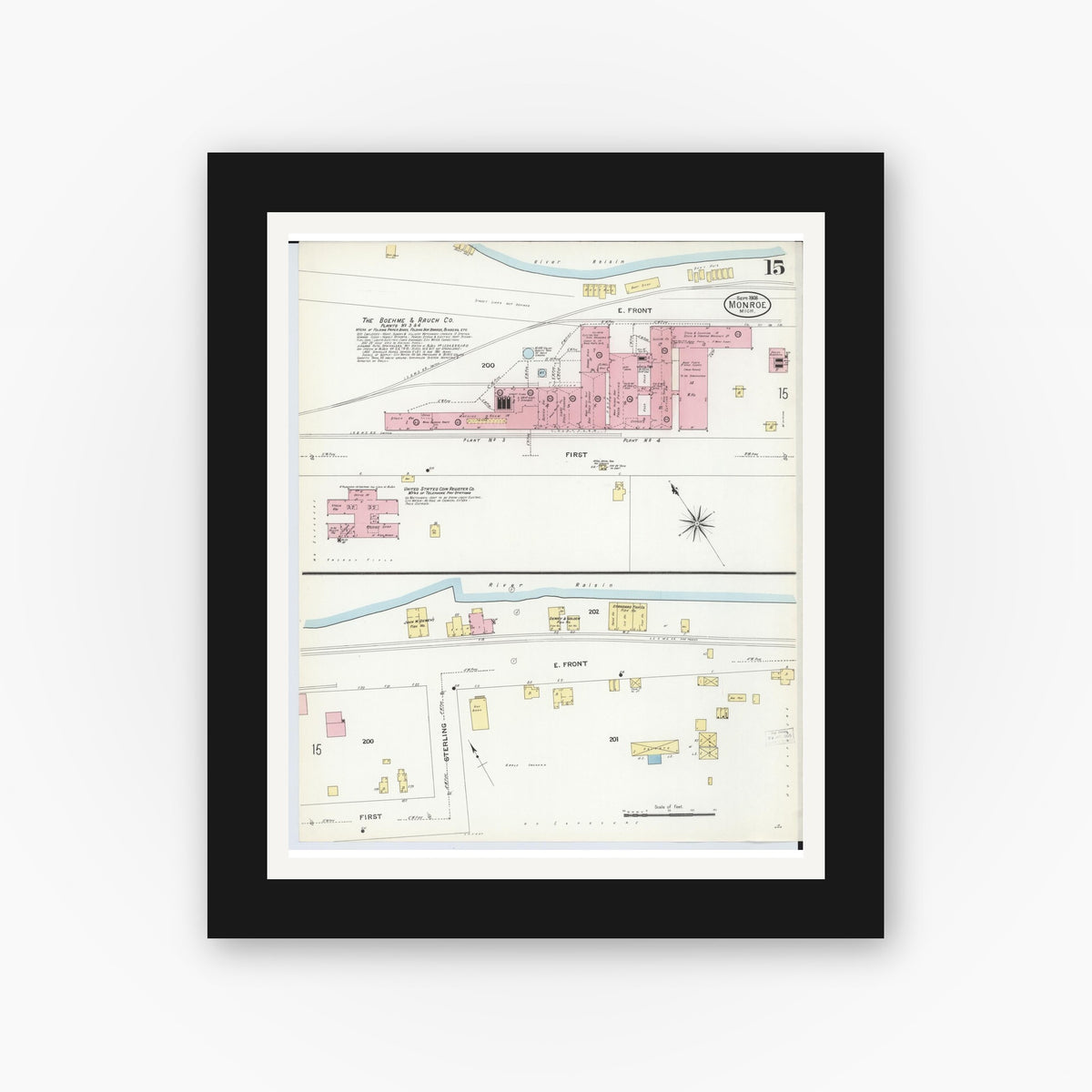 Old map wall art mockup — black gallery frame with white mat — Sanborn Fire Insurance Map from Monroe, Monroe County, Michigan (1908), Sheet #0015
