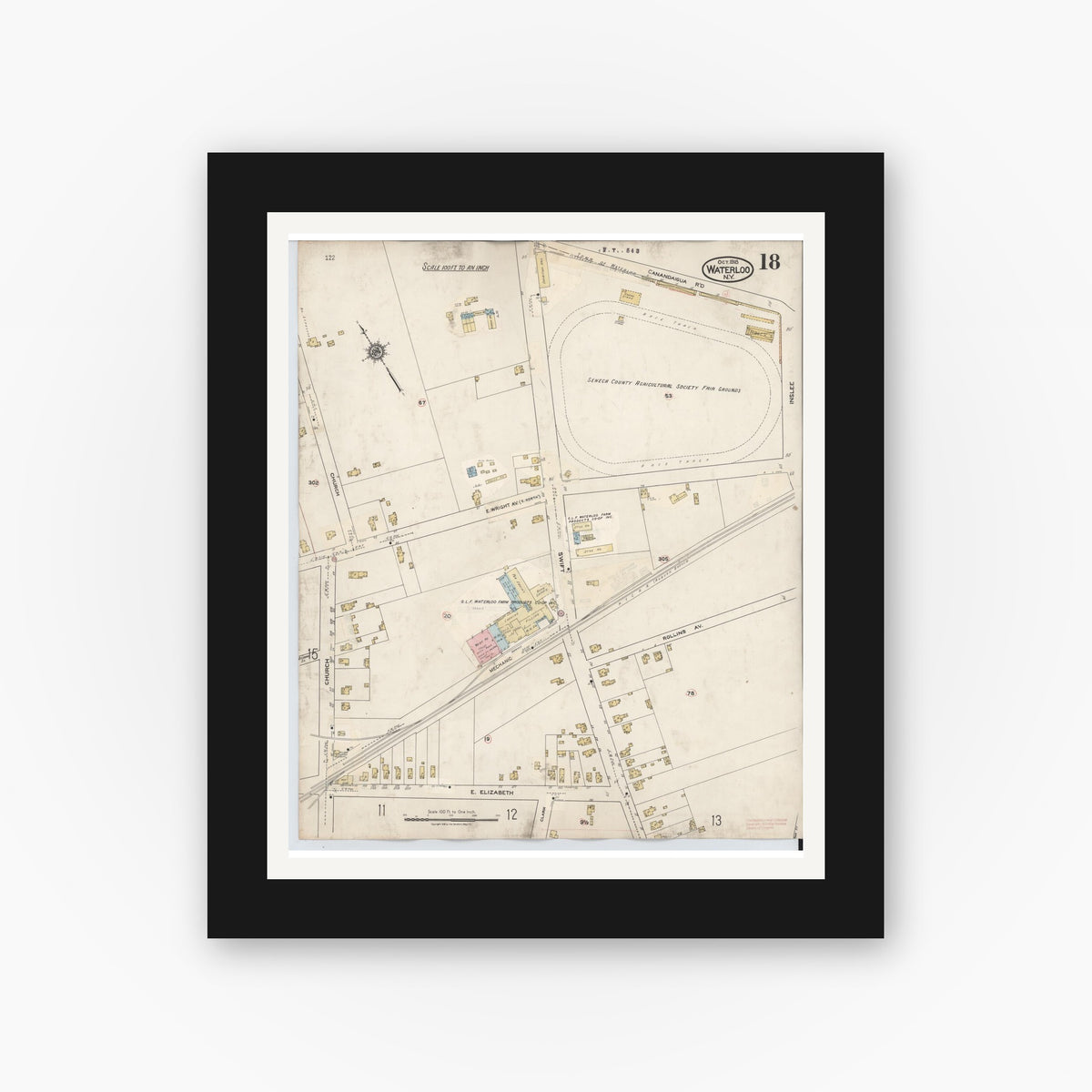 Old map wall art mockup — black gallery frame with white mat — Sanborn Fire Insurance Map from Waterloo, Seneca County, New York (1948), Sheet #0018