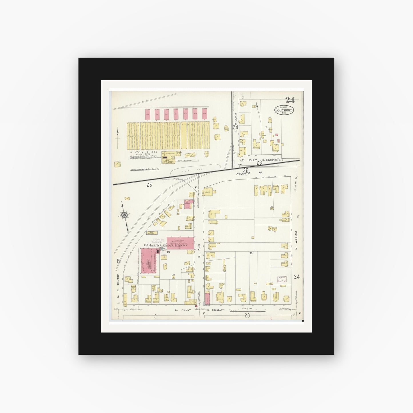 Old map wall art mockup — black gallery frame with white mat — Sanborn Fire Insurance Map from Goldsboro, Wayne County, North Carolina (1913), Sheet #0024