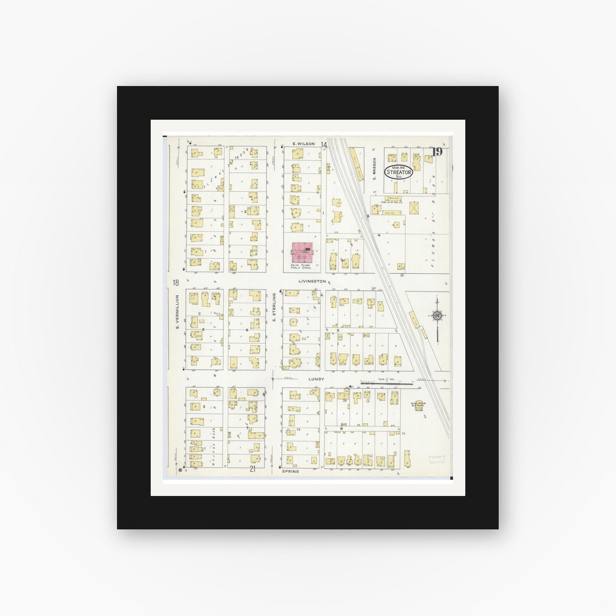 Old map wall art mockup — black gallery frame with white mat — Sanborn Fire Insurance Map from Streator, La Salle County, Illinois (1916), Sheet #0019