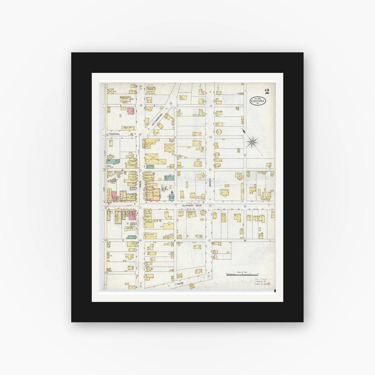 Old map wall art mockup β black gallery frame with white mat β Sanborn Fire Insurance Map from Chicora, Butler County, Pennsylvania (1906), Sheet #0002