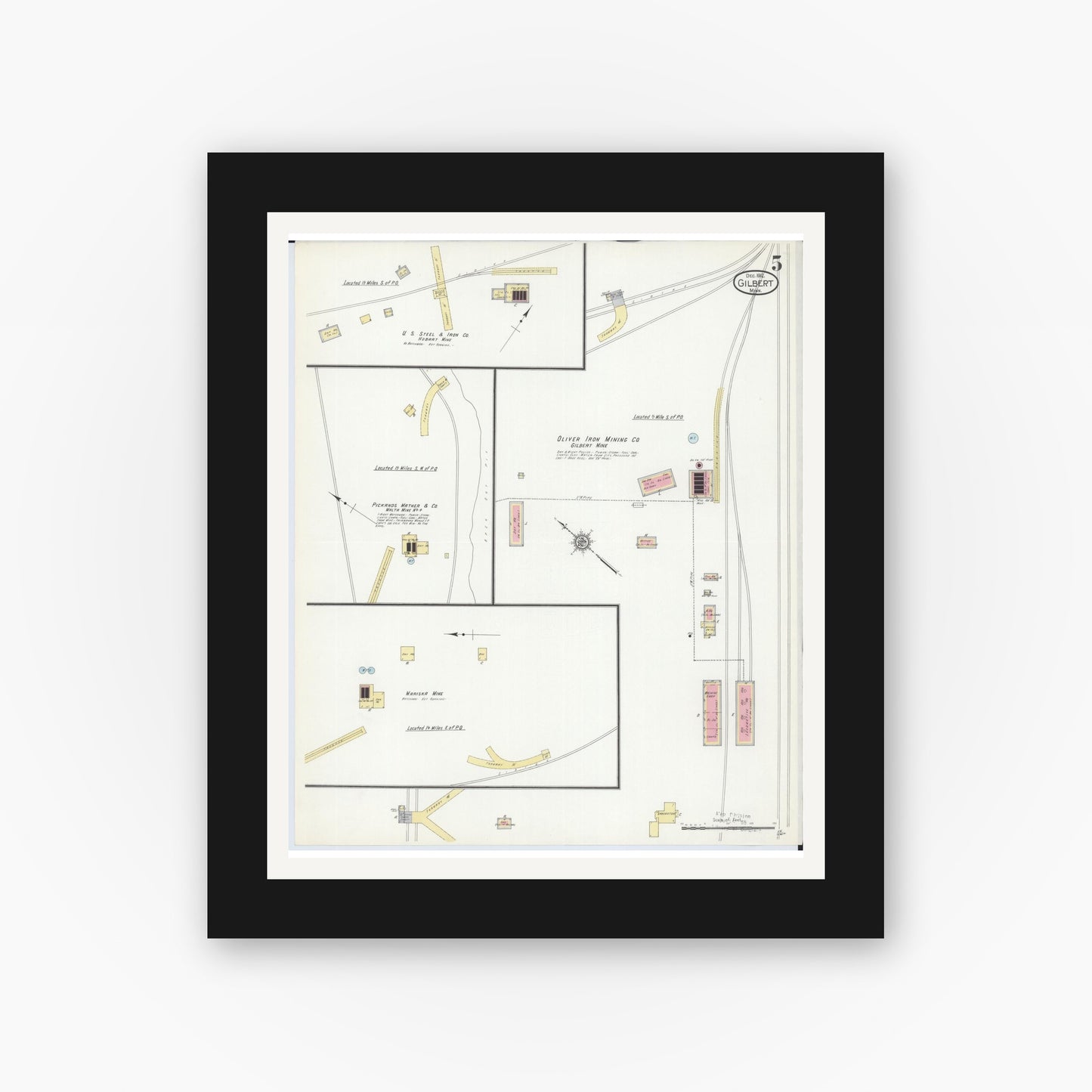 Old map wall art mockup — black gallery frame with white mat — Sanborn Fire Insurance Map from Gilbert, Saint Louis County, Minnesota (1912), Sheet #0005
