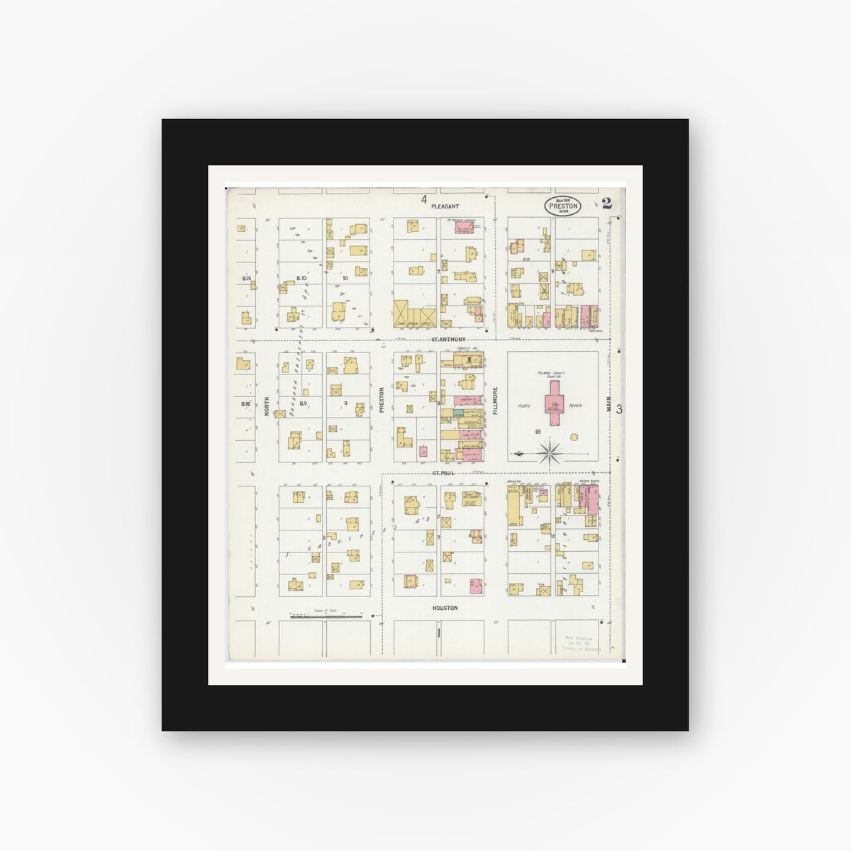Old map wall art mockup — black gallery frame with white mat — Sanborn Fire Insurance Map from Preston, Fillmore County, Minnesota (1900), Sheet #0002
