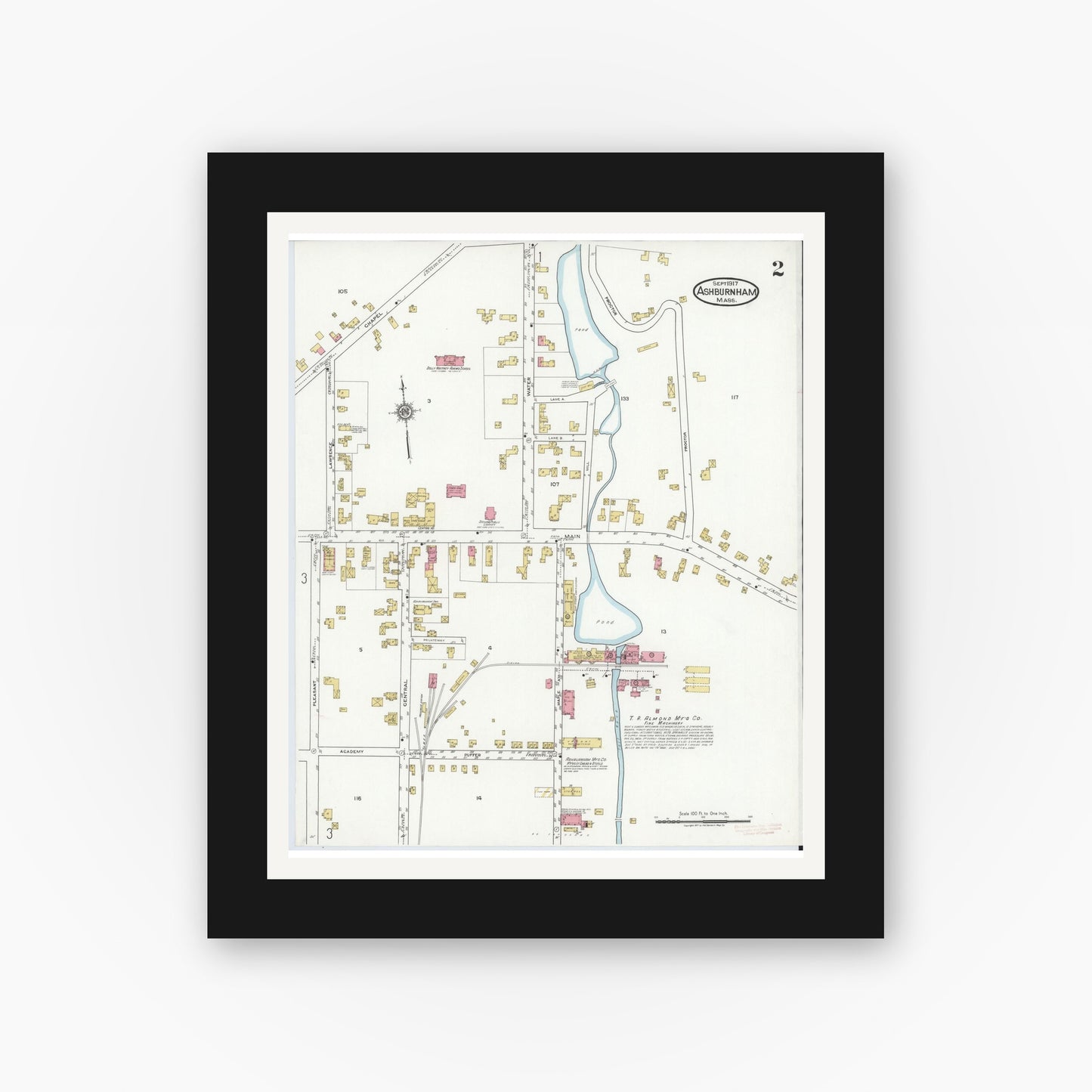 Old map wall art mockup — black gallery frame with white mat — Sanborn Fire Insurance Map from Ashburnham, Worcester County, Massachusetts (1917), Sheet #0002