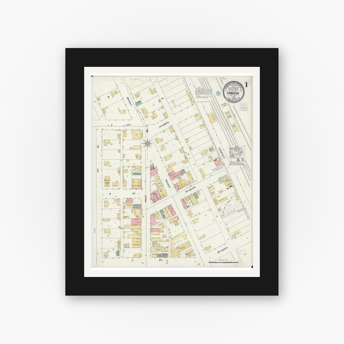 Old map wall art mockup — black gallery frame with white mat — Sanborn Fire Insurance Map from Forreston, Ogle County, Illinois (1905) - Complete Map Set