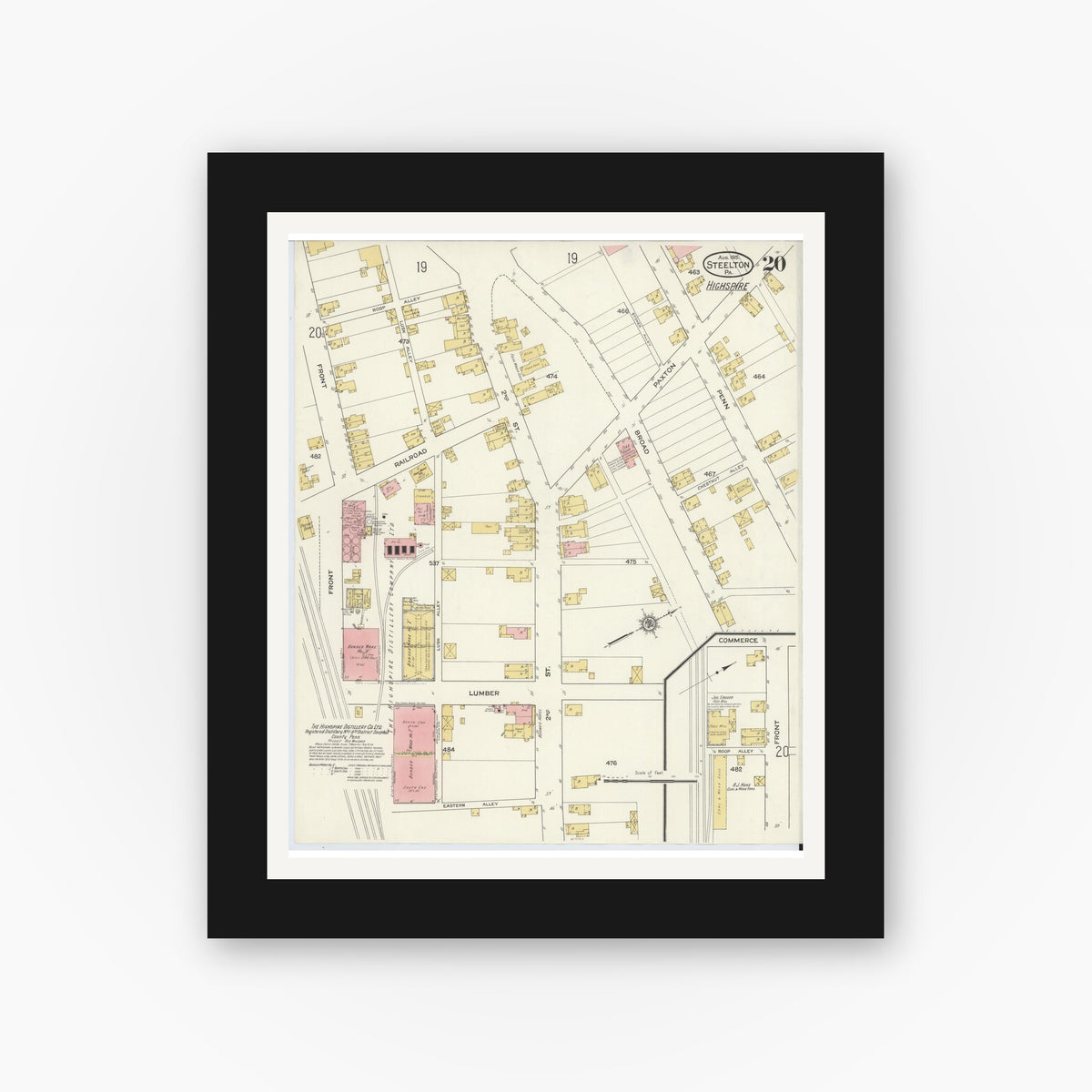 Old map wall art mockup — black gallery frame with white mat — Sanborn Fire Insurance Map from Steelton, Dauphin County, Pennsylvania (1915), Sheet #0020