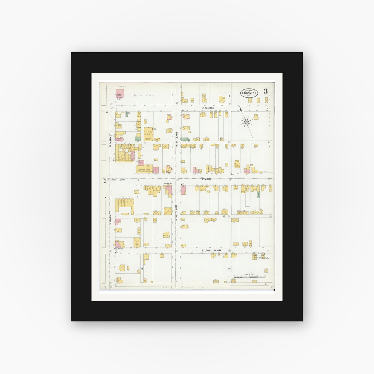 Old map wall art mockup — black gallery frame with white mat — Sanborn Fire Insurance Map from Ligonier, Westmoreland County, Pennsylvania (1900), Sheet #0003