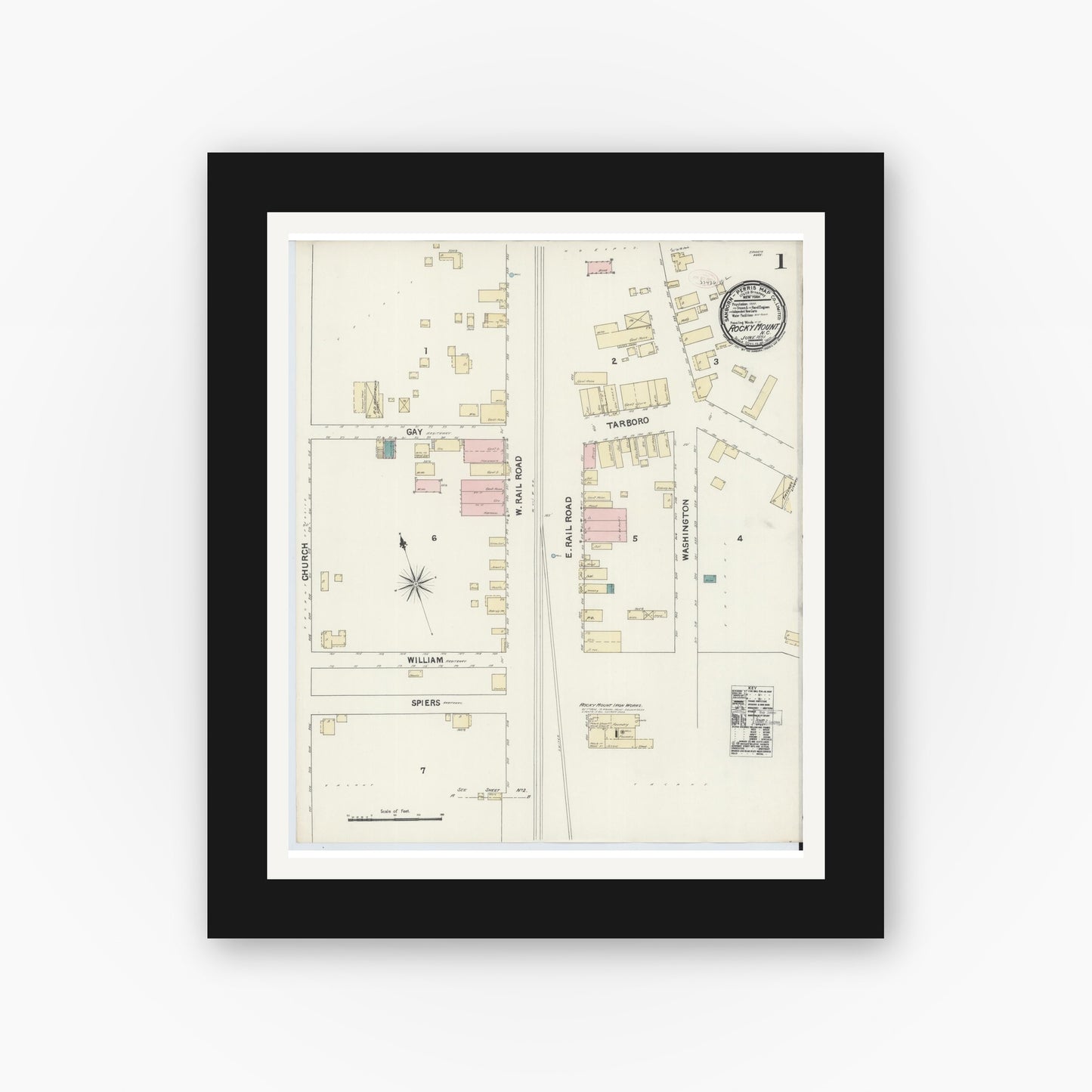 Old map wall art mockup — black gallery frame with white mat — Sanborn Fire Insurance Map from Rocky Mount, Edgecombe And Nash Counties, North Carolina (1891) - Complete Map Set
