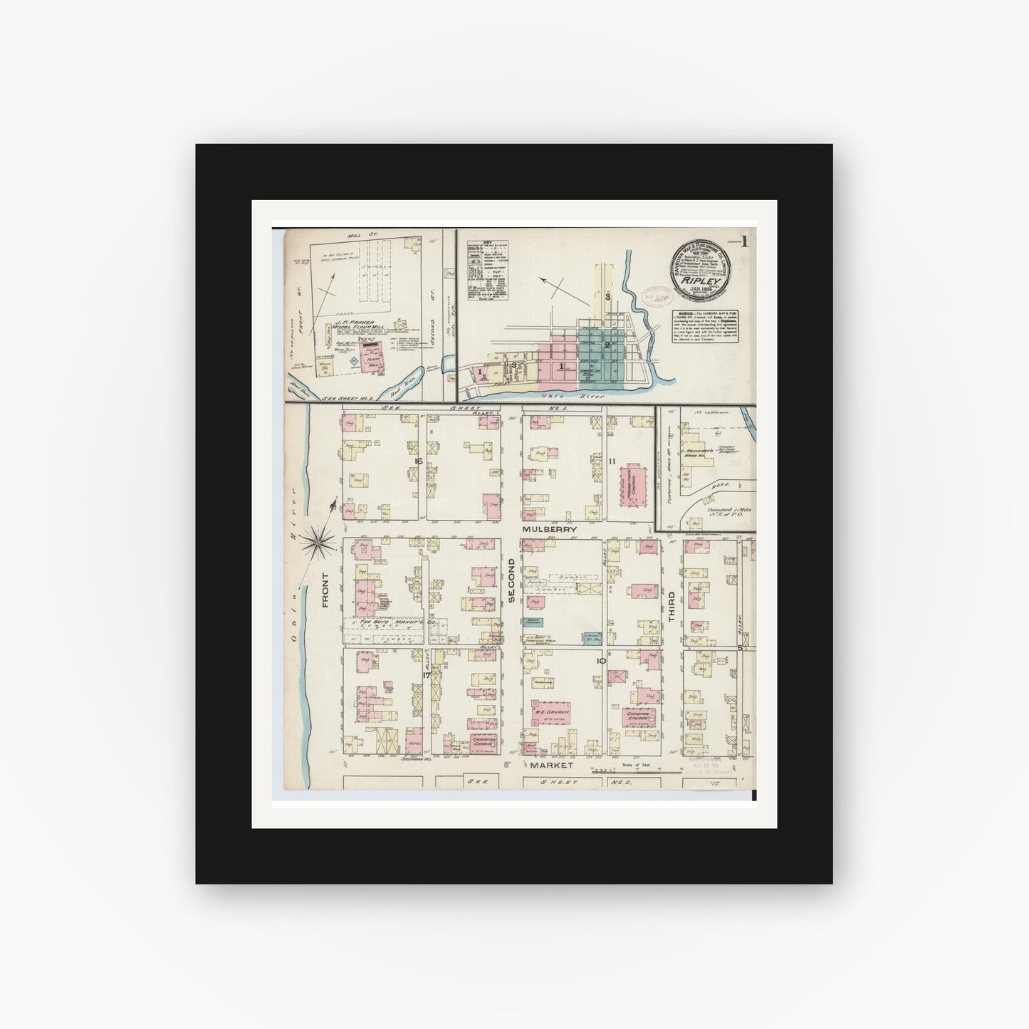Old map wall art mockup — black gallery frame with white mat — Sanborn Fire Insurance Map from Ripley, Brown County, Ohio (1884), Sheet #0001