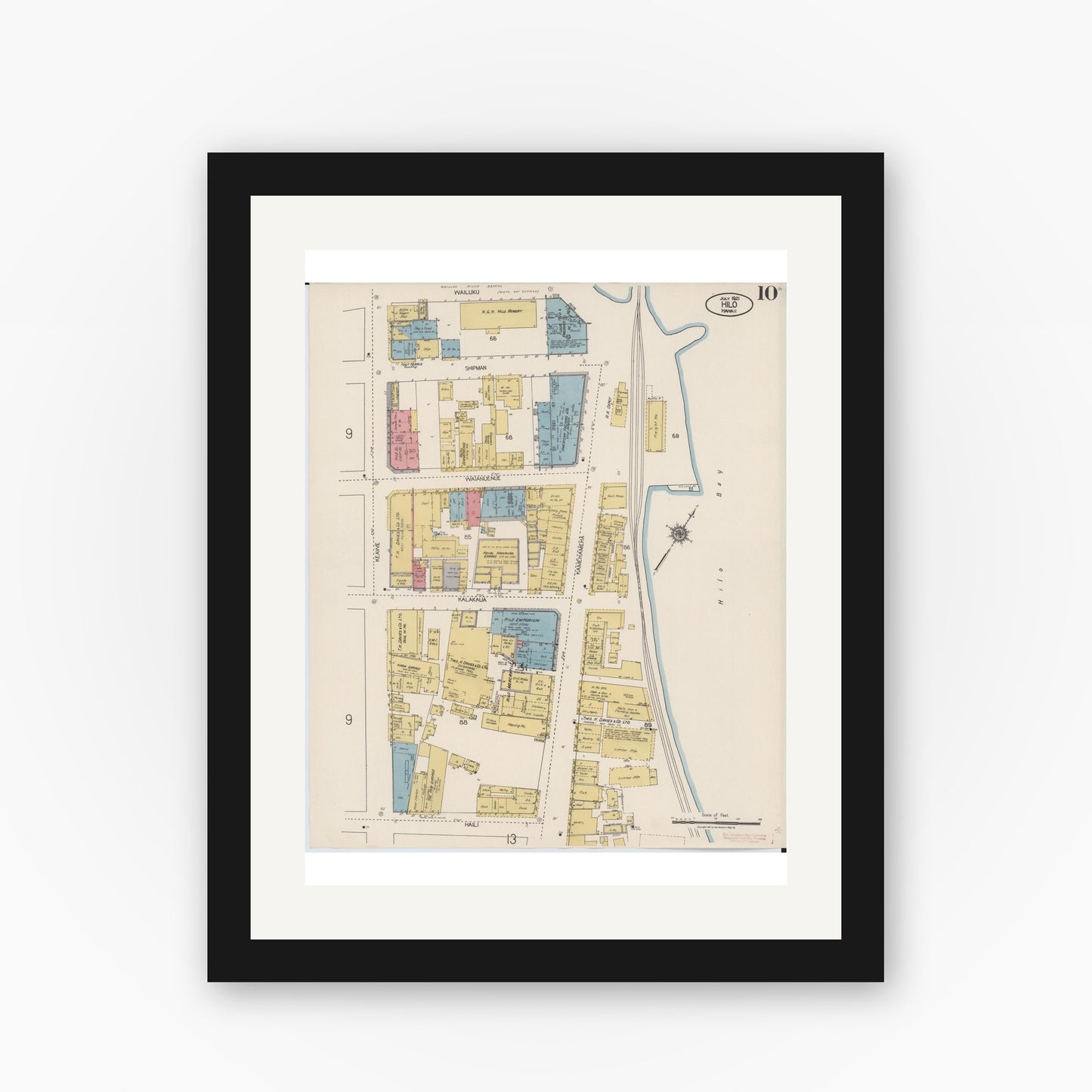 Old map wall art mockup — black gallery frame with white mat — Sanborn Fire Insurance Map from Hilo, Hawaii County, Hawaii (1921), Sheet #0010