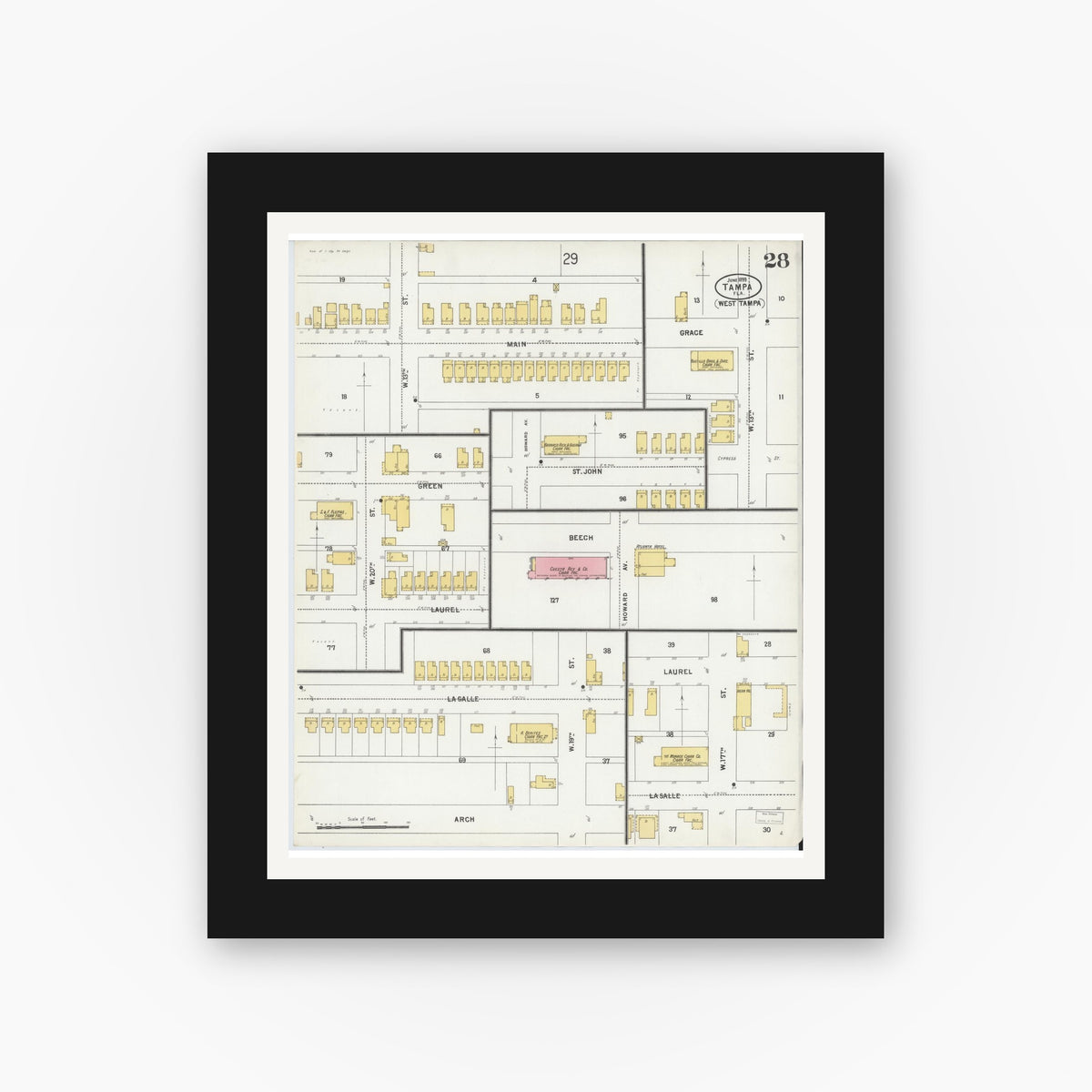 Old map wall art mockup — black gallery frame with white mat — Sanborn Fire Insurance Map from Tampa, Hillsborough County, Florida (1899), Sheet #0028