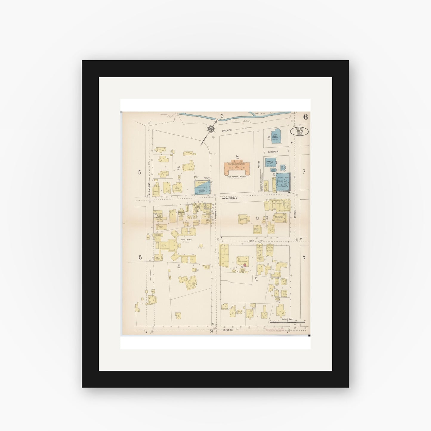 Old map wall art mockup — black gallery frame with white mat — Sanborn Fire Insurance Map from Hilo, Hawaii County, Hawaii (1914), Sheet #0006