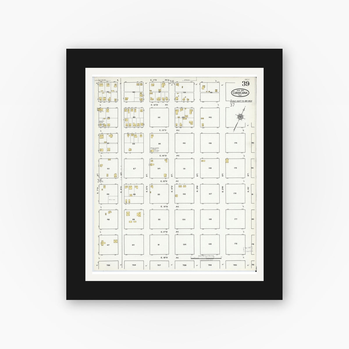 Old map wall art mockup — black gallery frame with white mat — Sanborn Fire Insurance Map from Corsicana, Navarro County, Texas (1921), Sheet #0039