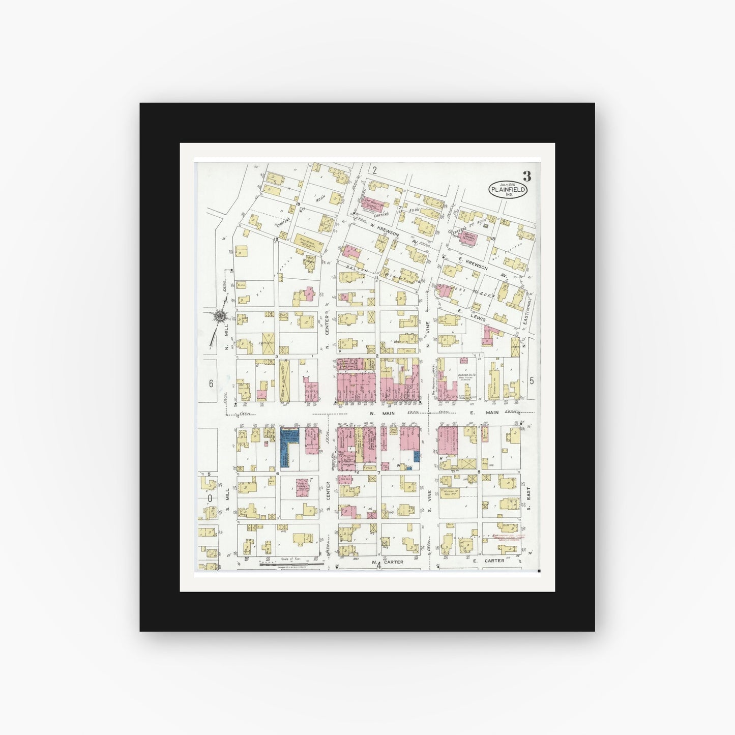 Old map wall art mockup — black gallery frame with white mat — Sanborn Fire Insurance Map from Plainfield, Hendricks County, Indiana (1920), Sheet #0003