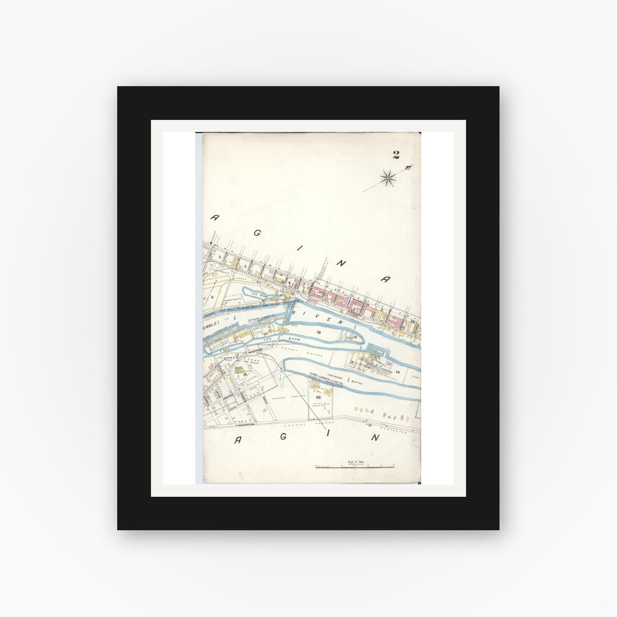 Old map wall art mockup — black gallery frame with white mat — Sanborn Fire Insurance Map from Saginaw, Saginaw County, Michigan (1895), Sheet #0002