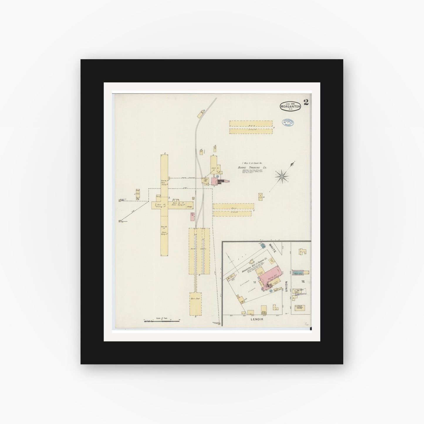 Old map wall art mockup — black gallery frame with white mat — Sanborn Fire Insurance Map from Morganton, Burke County, North Carolina (1894), Sheet #0002
