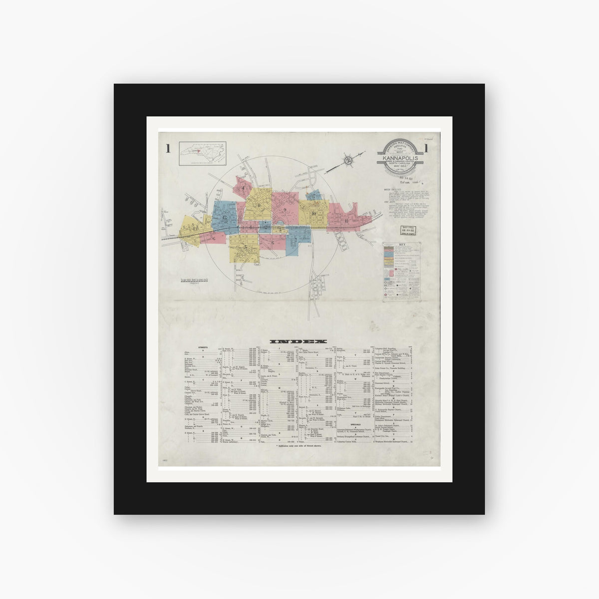 Old map wall art mockup — black gallery frame with white mat — Sanborn Fire Insurance Map from Kannapolis, Rowan And Cabarrus Counties, North Carolina (1932), Sheet #0001
