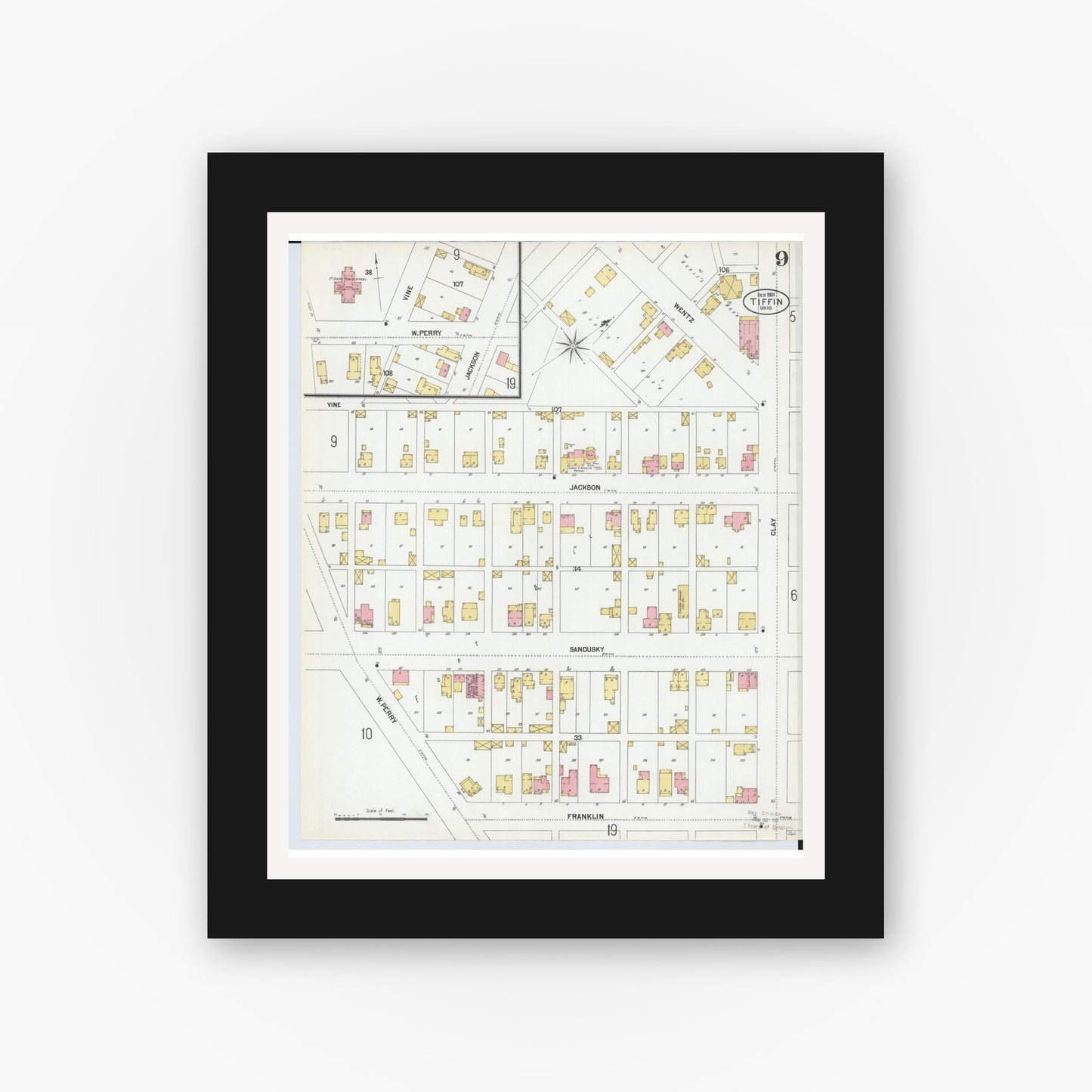 Old map wall art mockup — black gallery frame with white mat — Sanborn Fire Insurance Map from Tiffin, Seneca County, Ohio (1901), Sheet #0009