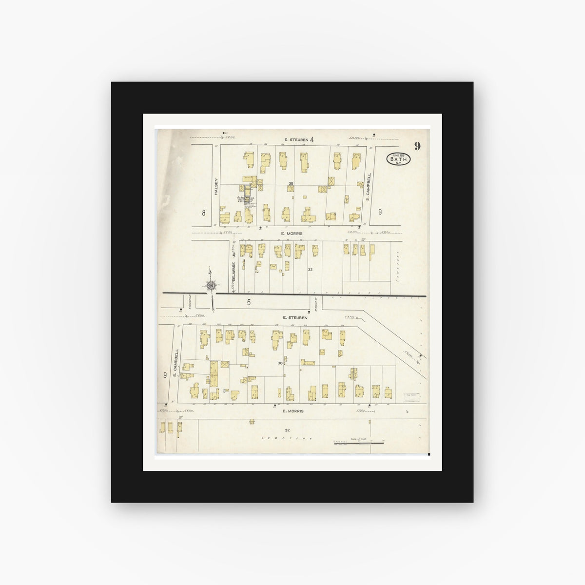 Old map wall art mockup — black gallery frame with white mat — Sanborn Fire Insurance Map from Bath, Steuben County, New York (1915), Sheet #0009