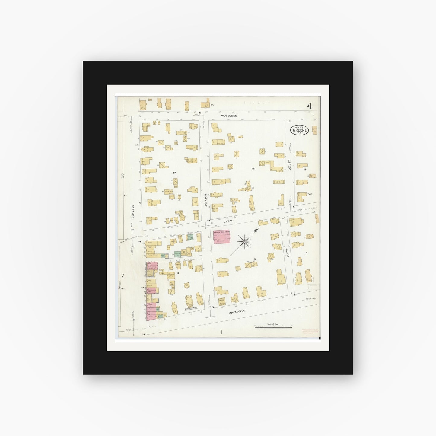 Old map wall art mockup — black gallery frame with white mat — Sanborn Fire Insurance Map from Greene, Chenango County, New York (1908), Sheet #0004