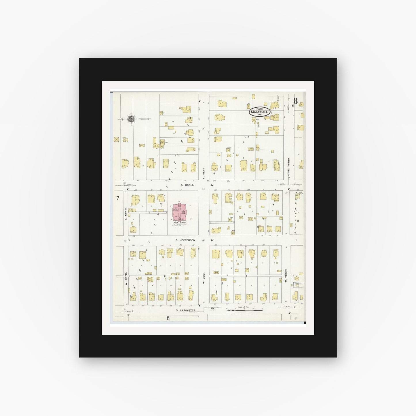 Old map wall art mockup — black gallery frame with white mat — Sanborn Fire Insurance Map from Marshall, Saline County, Missouri (1910), Sheet #0008